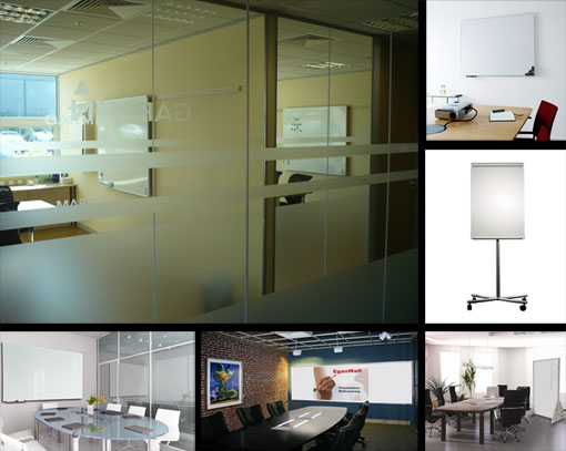 Write on systems, Writing Boards, Notice boards, Flip Charts, Work walls, Column Boards, Rail mount writing boards, Writing wallpaper systems